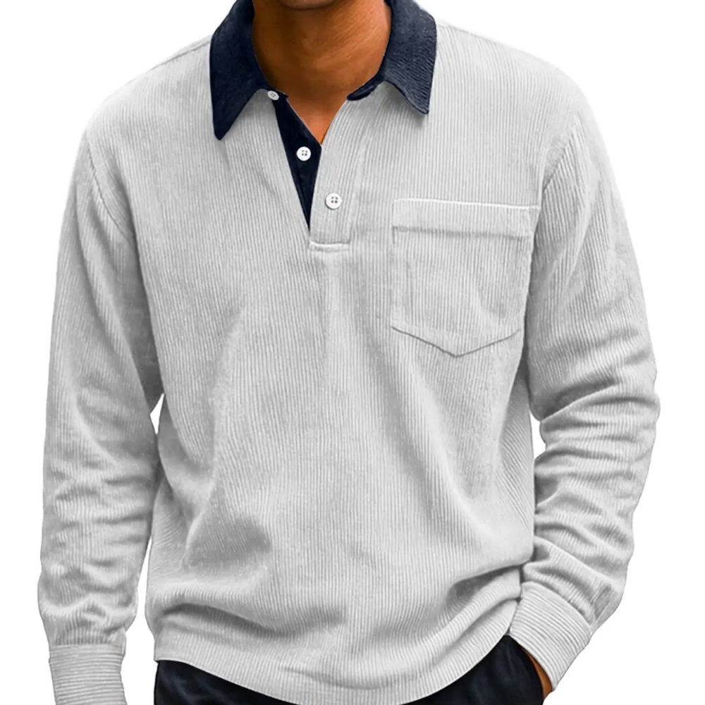 Men's Retro Corduroy Lapel Colorblock Casual Long-sleeved Polo Shirt